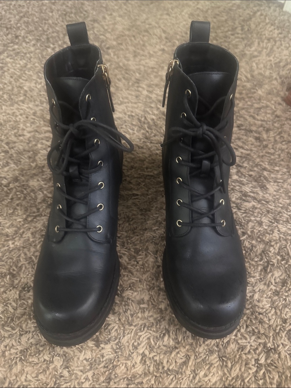 Cole Haan Black Lace-Up Combat Boots with Gold Eyelets